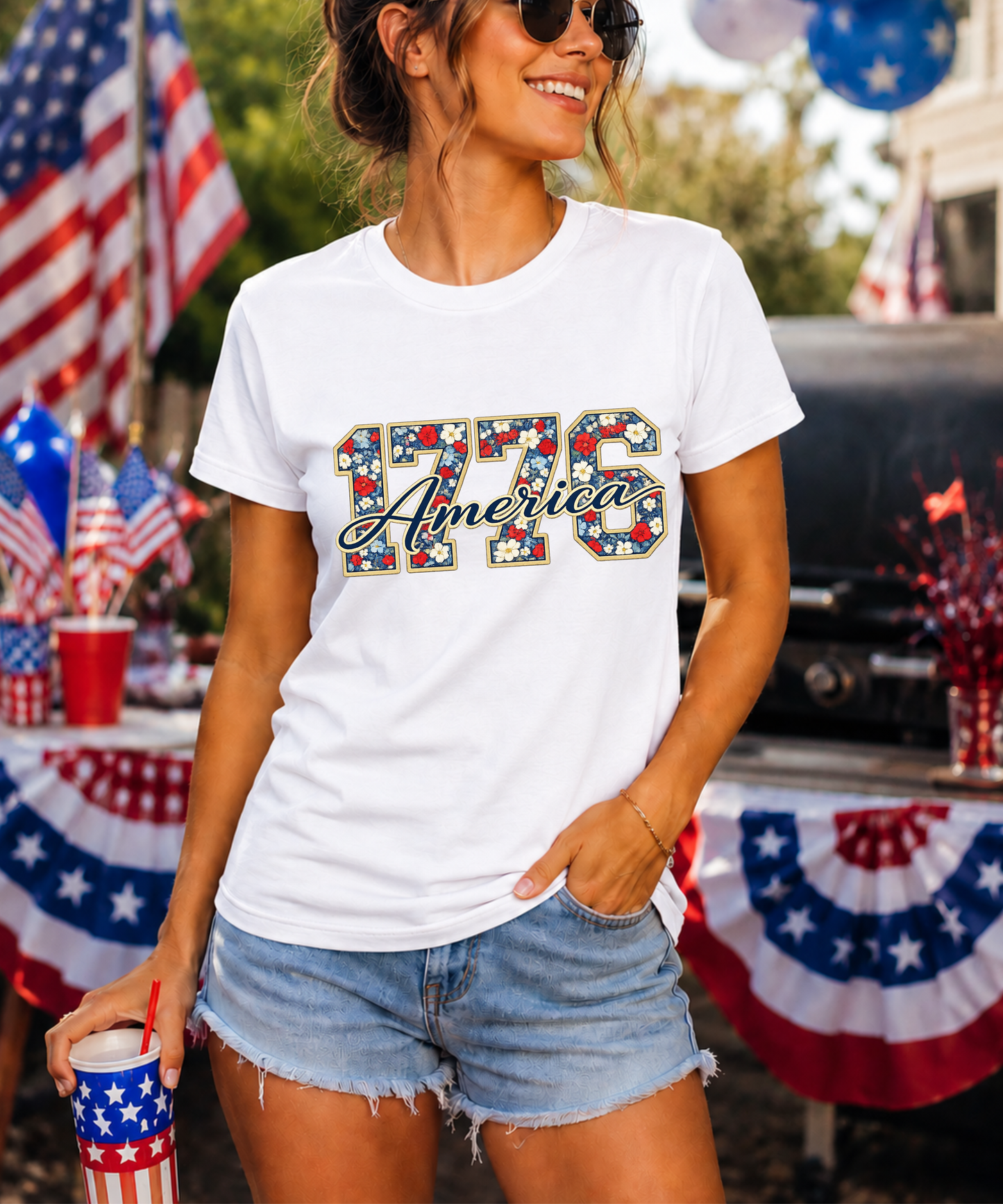 America 276 Floral Patriotic T-Shirt