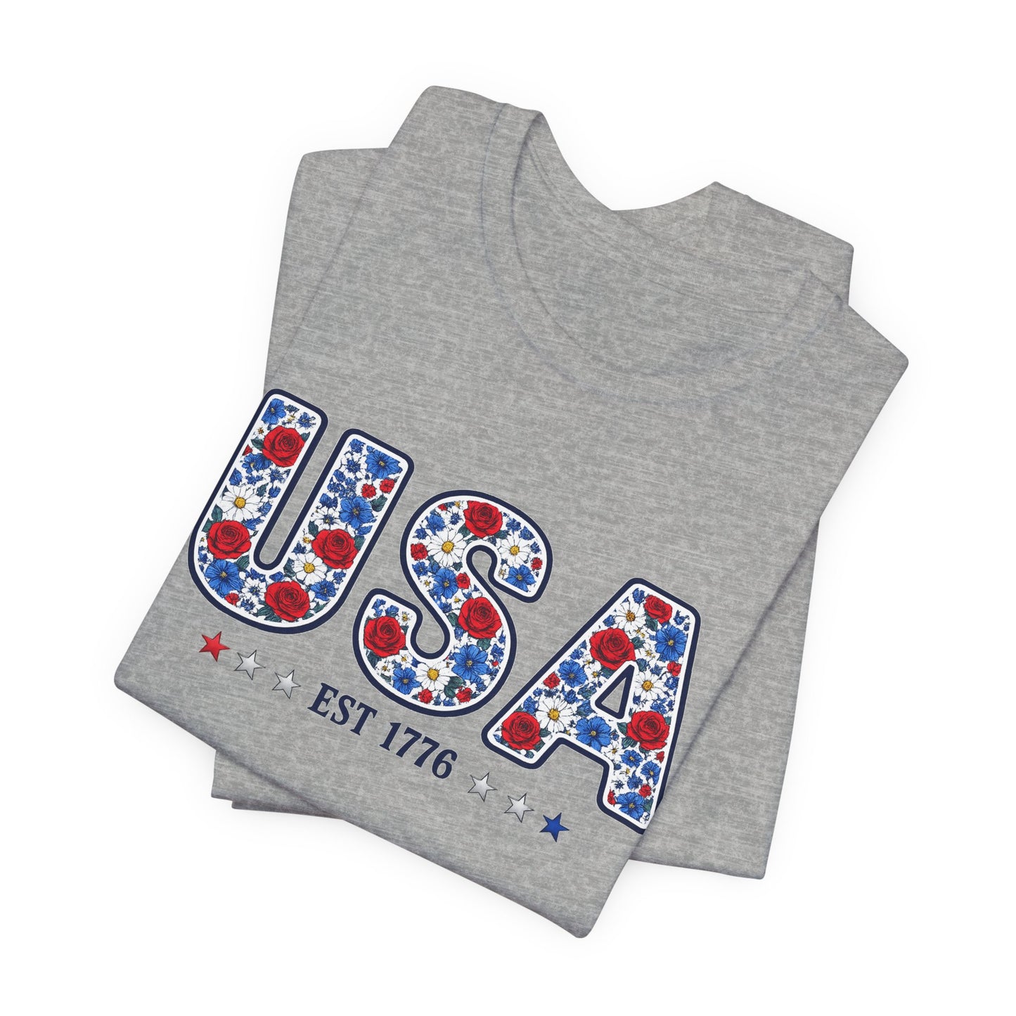 USA Floral Patriotic T-Shirt – EST 1776 Fourth of July Tee
