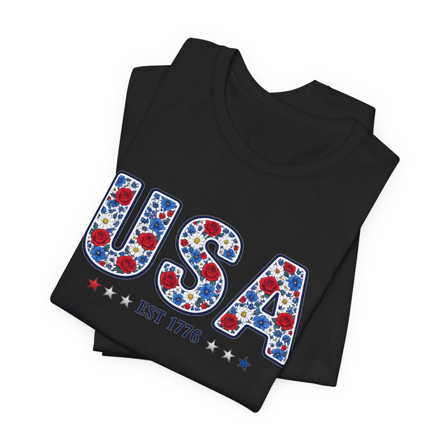 USA Floral Patriotic T-Shirt – EST 1776 Fourth of July Tee