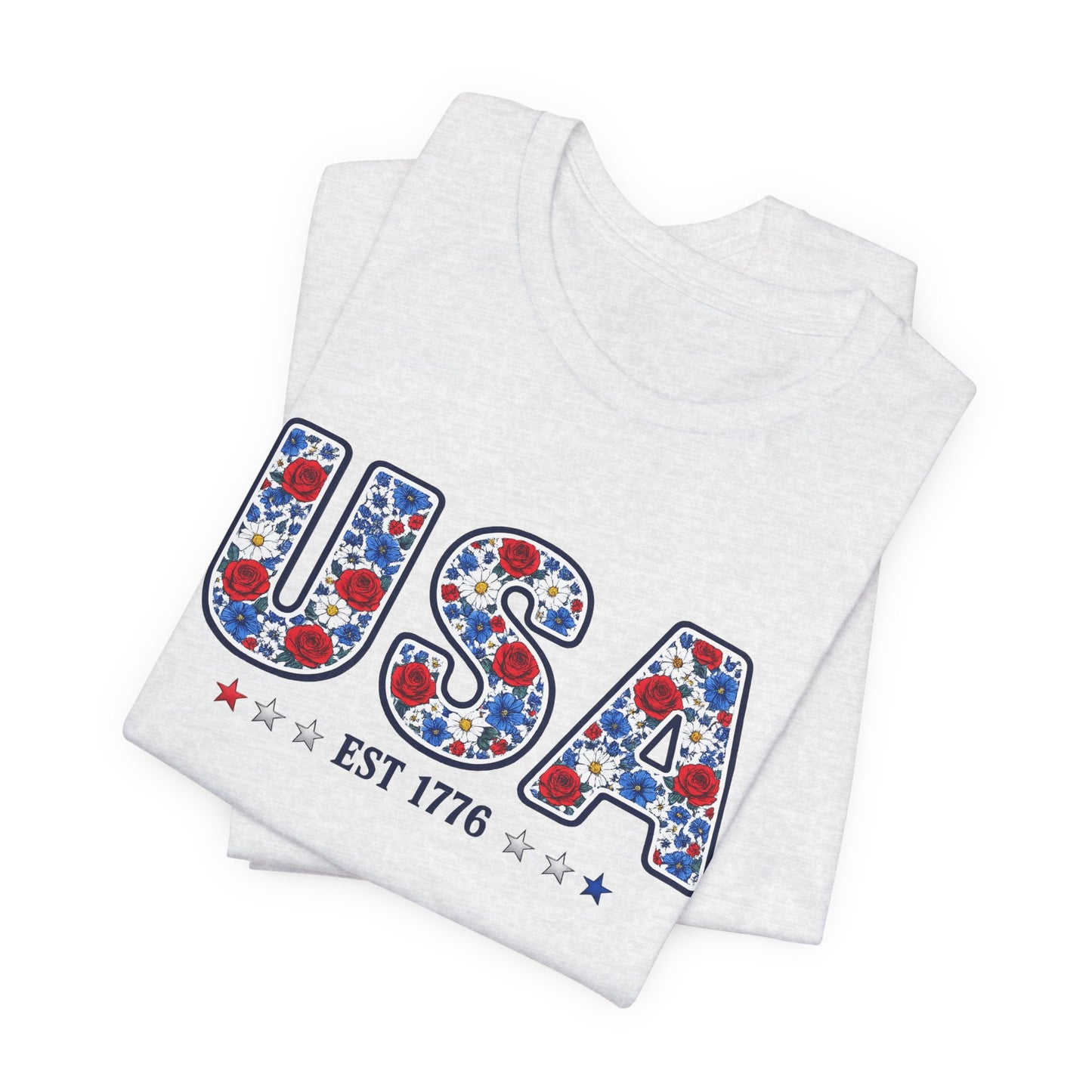 USA Floral Patriotic T-Shirt – EST 1776 Fourth of July Tee