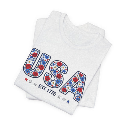 USA Floral Patriotic T-Shirt – EST 1776 Fourth of July Tee