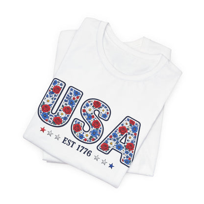 USA Floral Patriotic T-Shirt – EST 1776 Fourth of July Tee