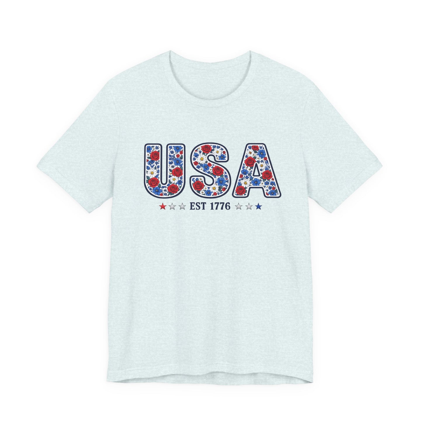 USA Floral Patriotic T-Shirt – EST 1776 Fourth of July Tee