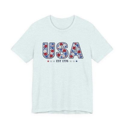 USA Floral Patriotic T-Shirt – EST 1776 Fourth of July Tee