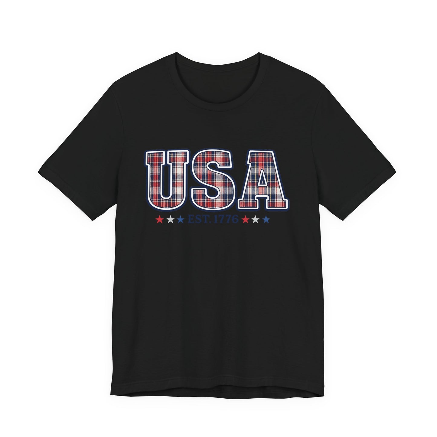 USA Plaid Tee – "USA Est. 1776" Patriotic T-Shirt