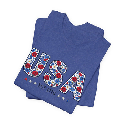 USA Floral Patriotic T-Shirt – EST 1776 Fourth of July Tee