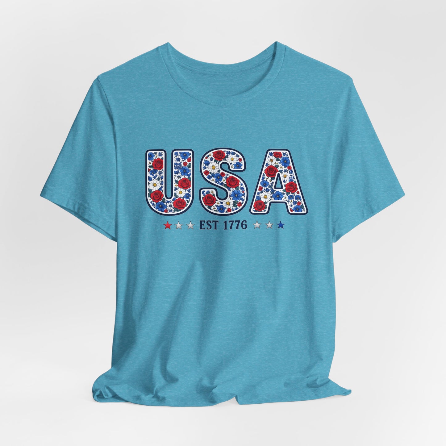 USA Floral Patriotic T-Shirt – EST 1776 Fourth of July Tee