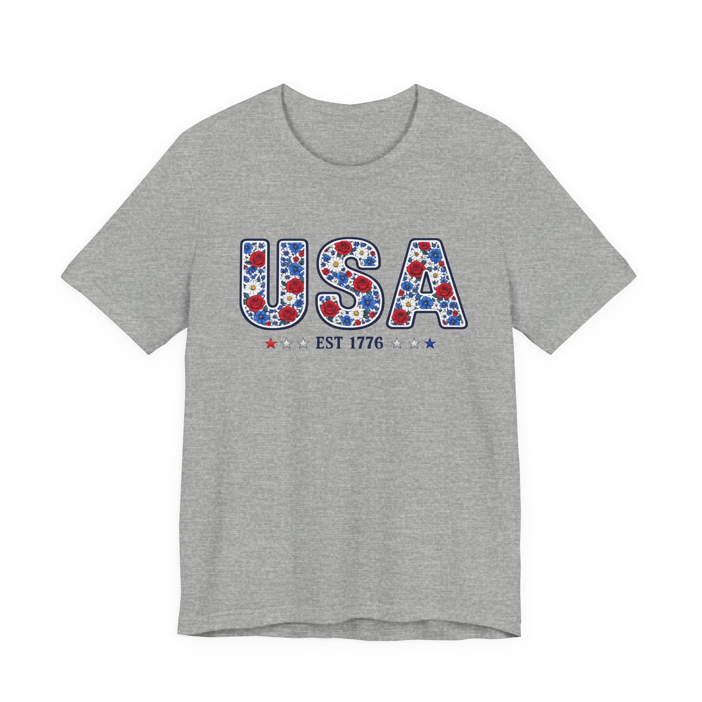 USA Floral Patriotic T-Shirt – EST 1776 Fourth of July Tee