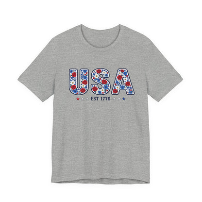 USA Floral Patriotic T-Shirt – EST 1776 Fourth of July Tee