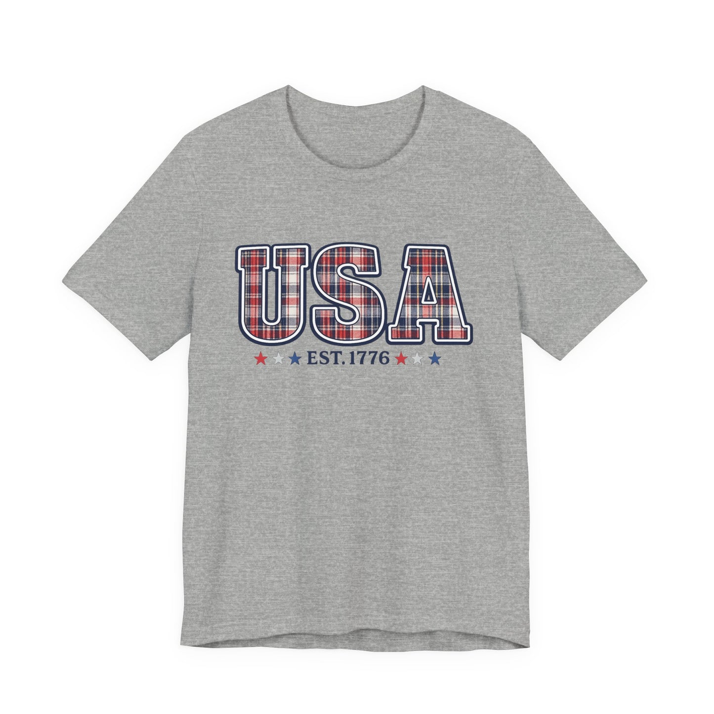 USA Plaid Tee – "USA Est. 1776" Patriotic T-Shirt