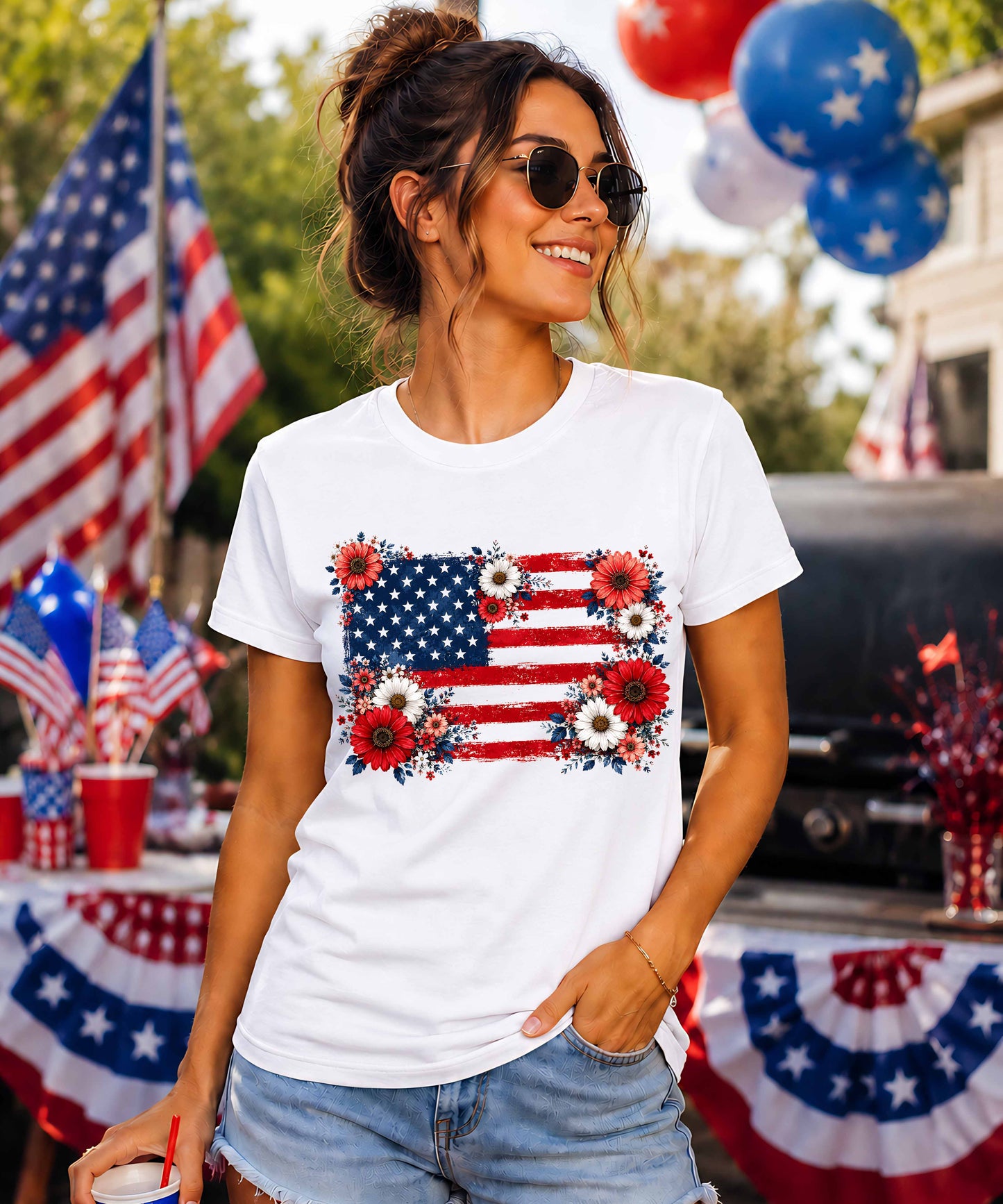 American Flag Floral T-Shirt — Patriotic 4th of July Tee