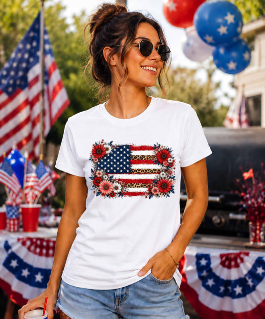Leopard Floral American Flag T-Shirt – Patriotic Leopard Floral USA Tee