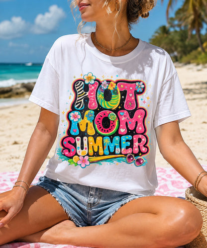 Hot Mom Summer Retro Graphic Tee | Trendy Y2K Summer Shirt | Colorful Beach Vacation T-Shirt | Cute Boutique Mama Tee