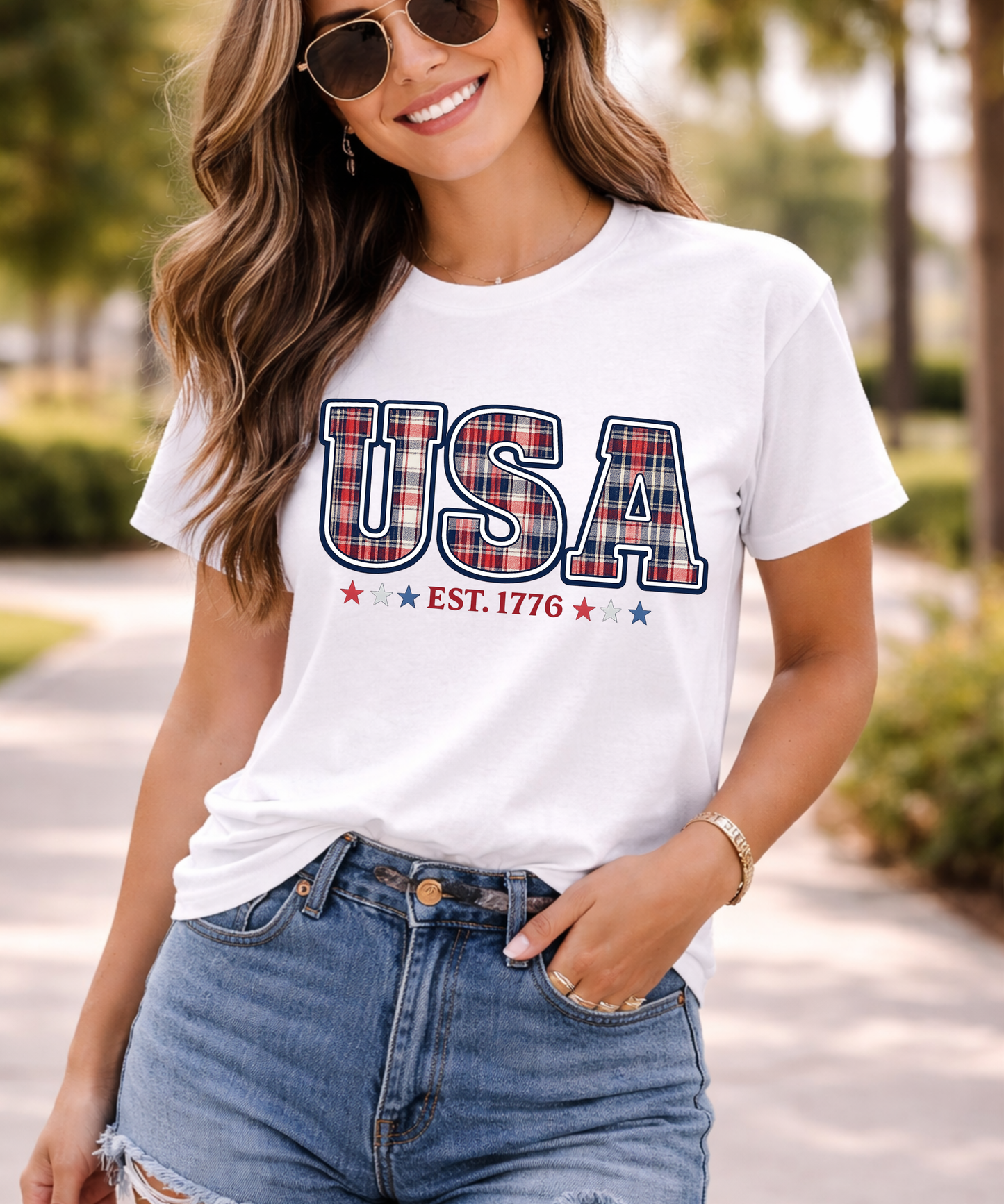 USA Plaid Tee – "USA Est. 1776" Patriotic T-Shirt