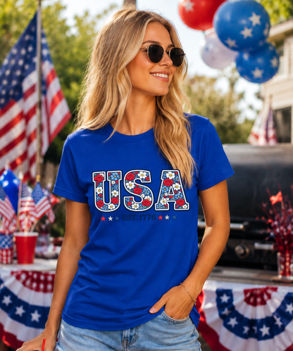 USA Floral Patriotic T-Shirt – EST 1776 Fourth of July Tee