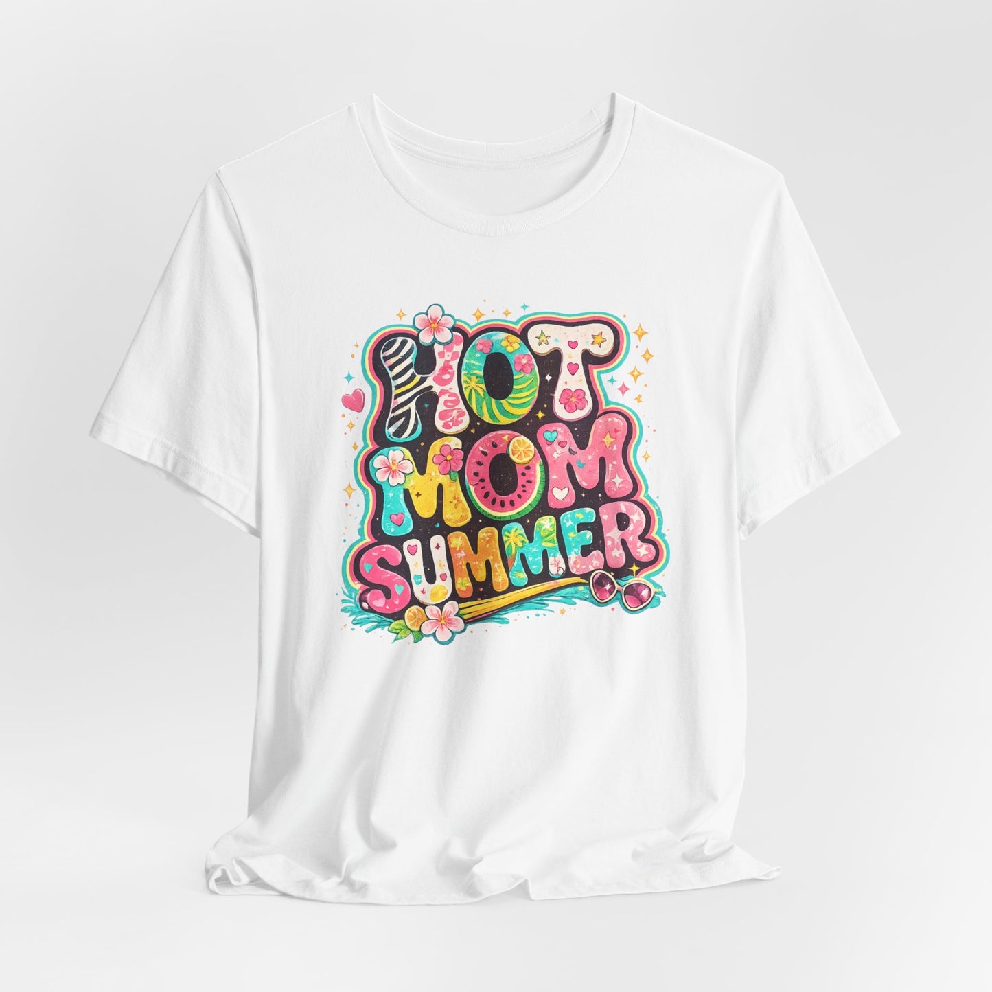 Hot Mom Summer Retro Graphic Tee | Trendy Y2K Summer Shirt | Colorful Beach Vacation T-Shirt | Cute Boutique Mama Tee