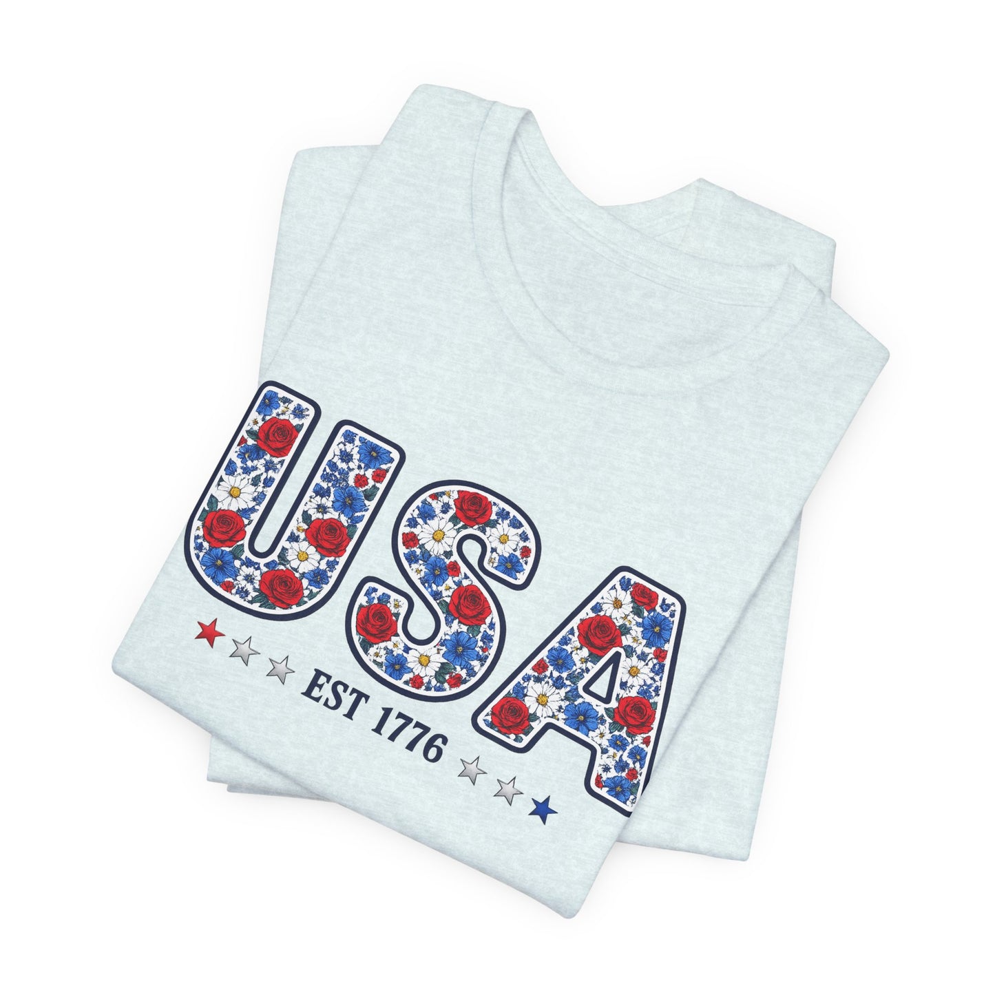 USA Floral Patriotic T-Shirt – EST 1776 Fourth of July Tee