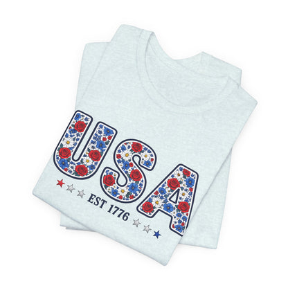 USA Floral Patriotic T-Shirt – EST 1776 Fourth of July Tee