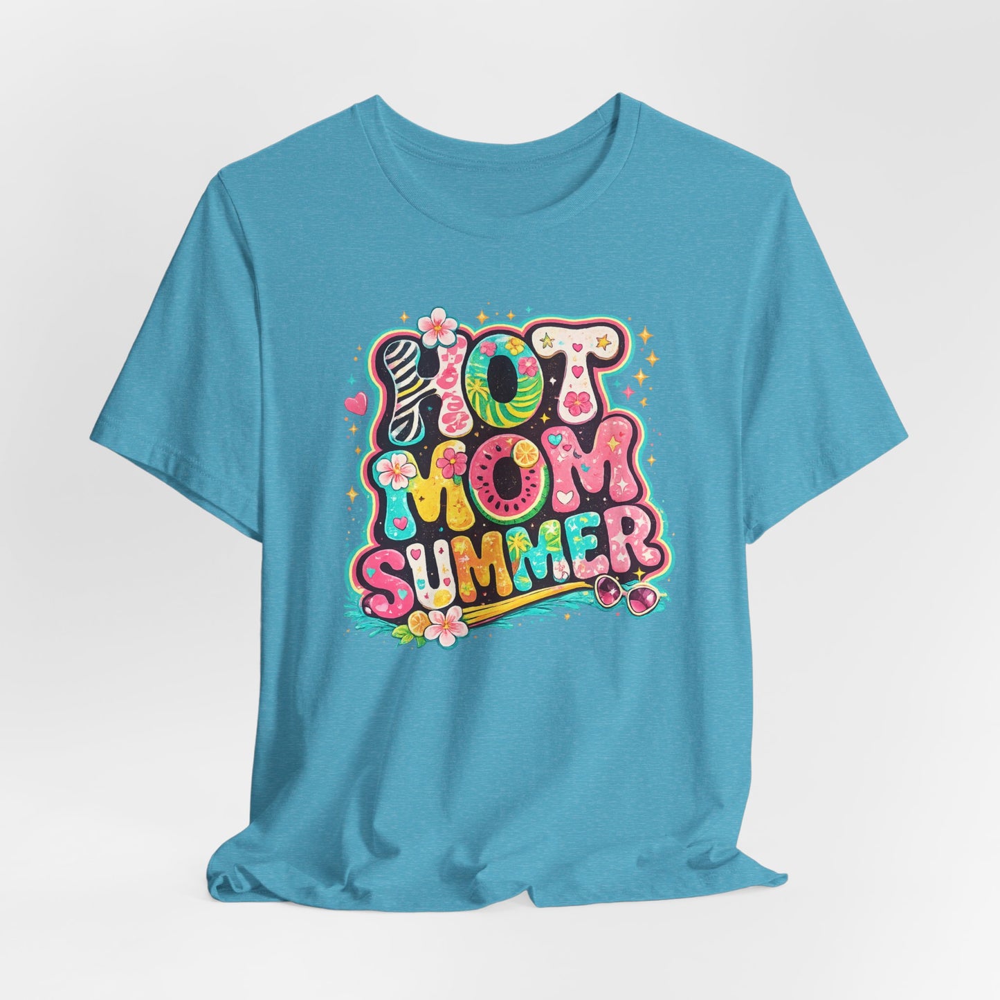 Hot Mom Summer Retro Graphic Tee | Trendy Y2K Summer Shirt | Colorful Beach Vacation T-Shirt | Cute Boutique Mama Tee