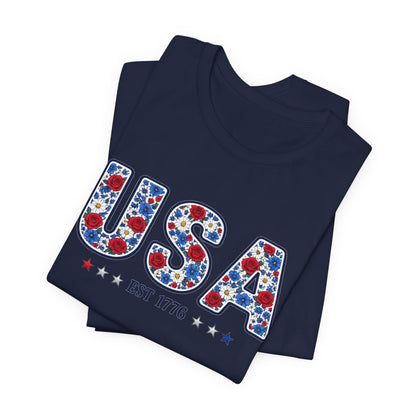 USA Floral Patriotic T-Shirt – EST 1776 Fourth of July Tee
