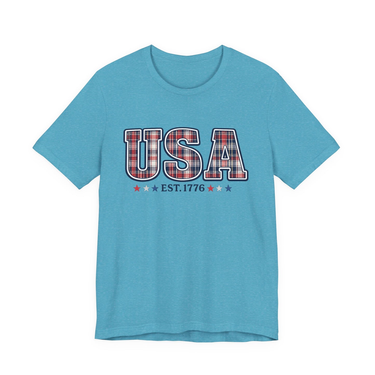 USA Plaid Tee – "USA Est. 1776" Patriotic T-Shirt