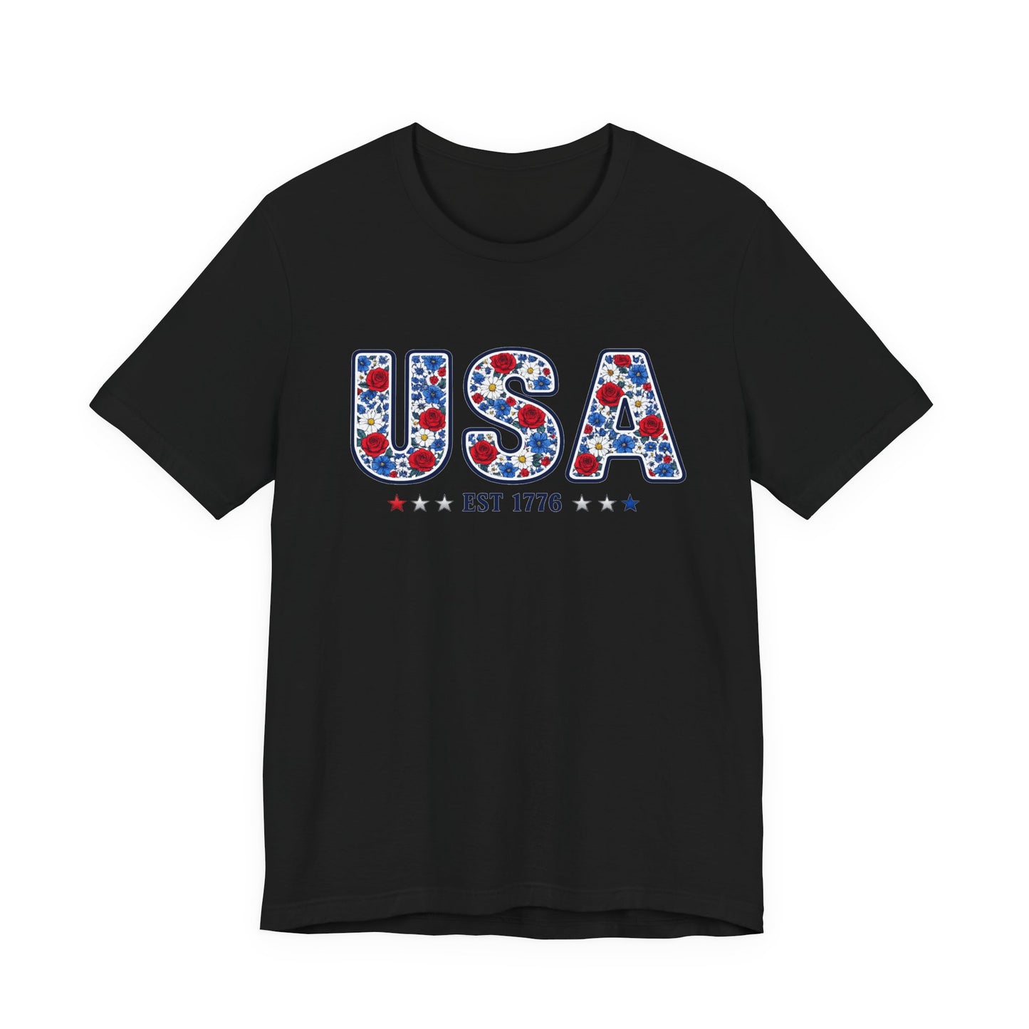 USA Floral Patriotic T-Shirt – EST 1776 Fourth of July Tee