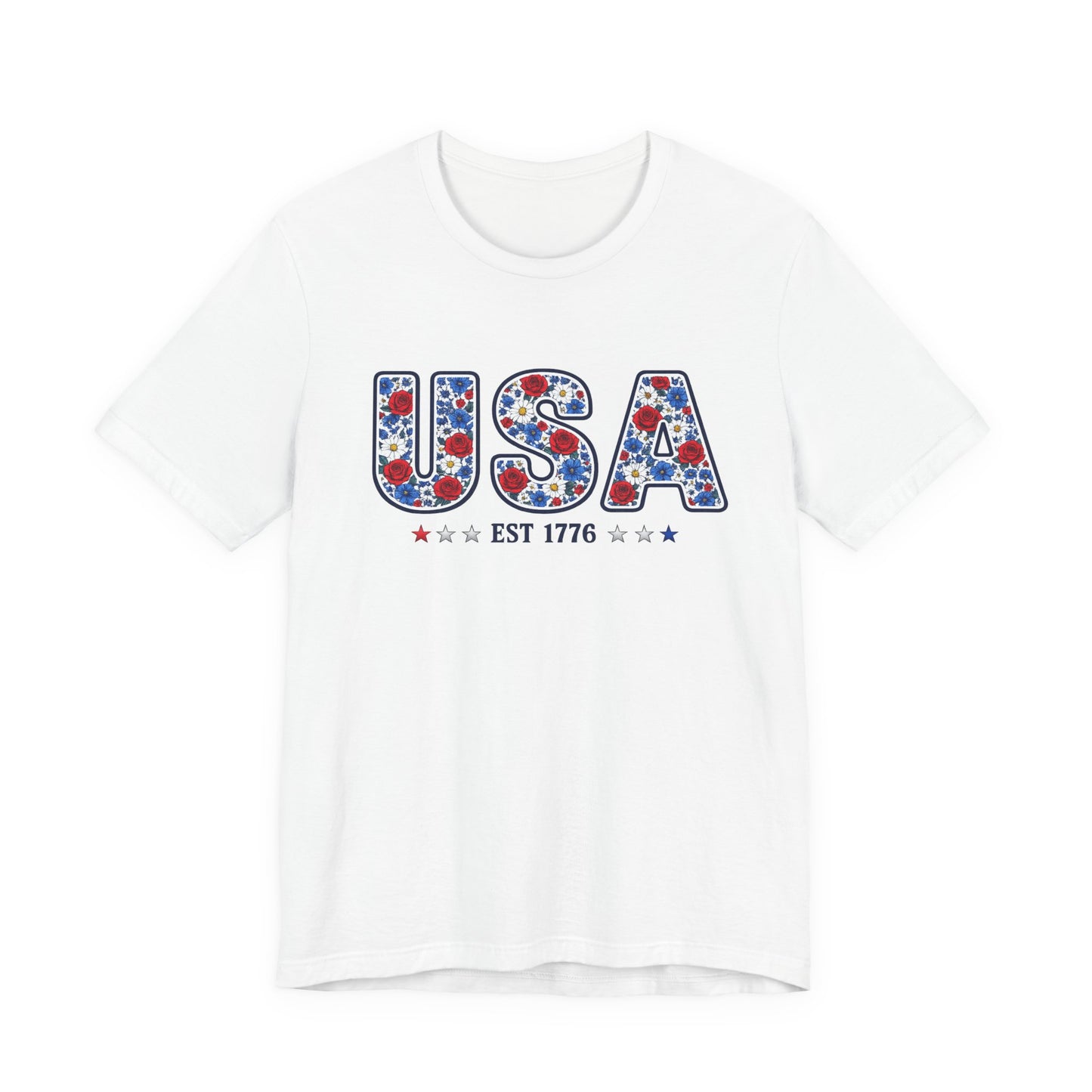 USA Floral Patriotic T-Shirt – EST 1776 Fourth of July Tee