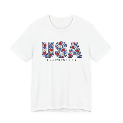 USA Floral Patriotic T-Shirt – EST 1776 Fourth of July Tee