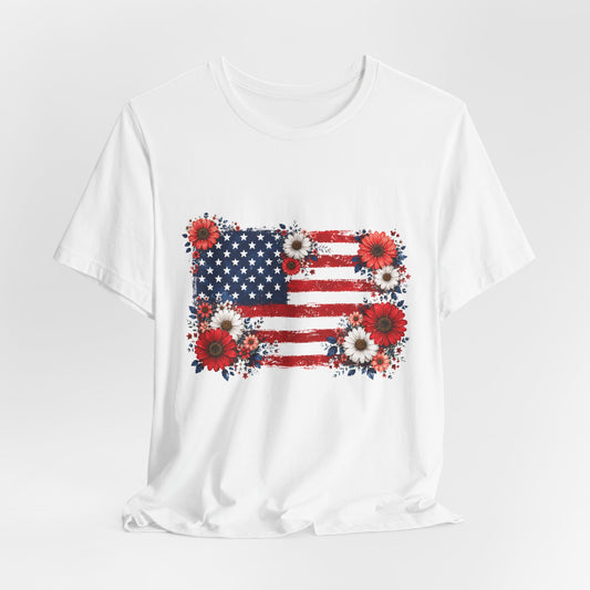 American Flag Floral T-Shirt — Patriotic 4th of July Tee