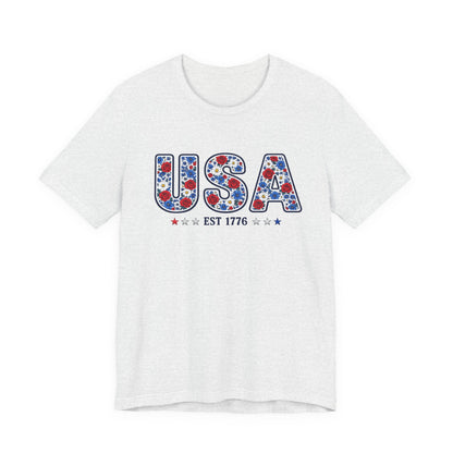 USA Floral Patriotic T-Shirt – EST 1776 Fourth of July Tee