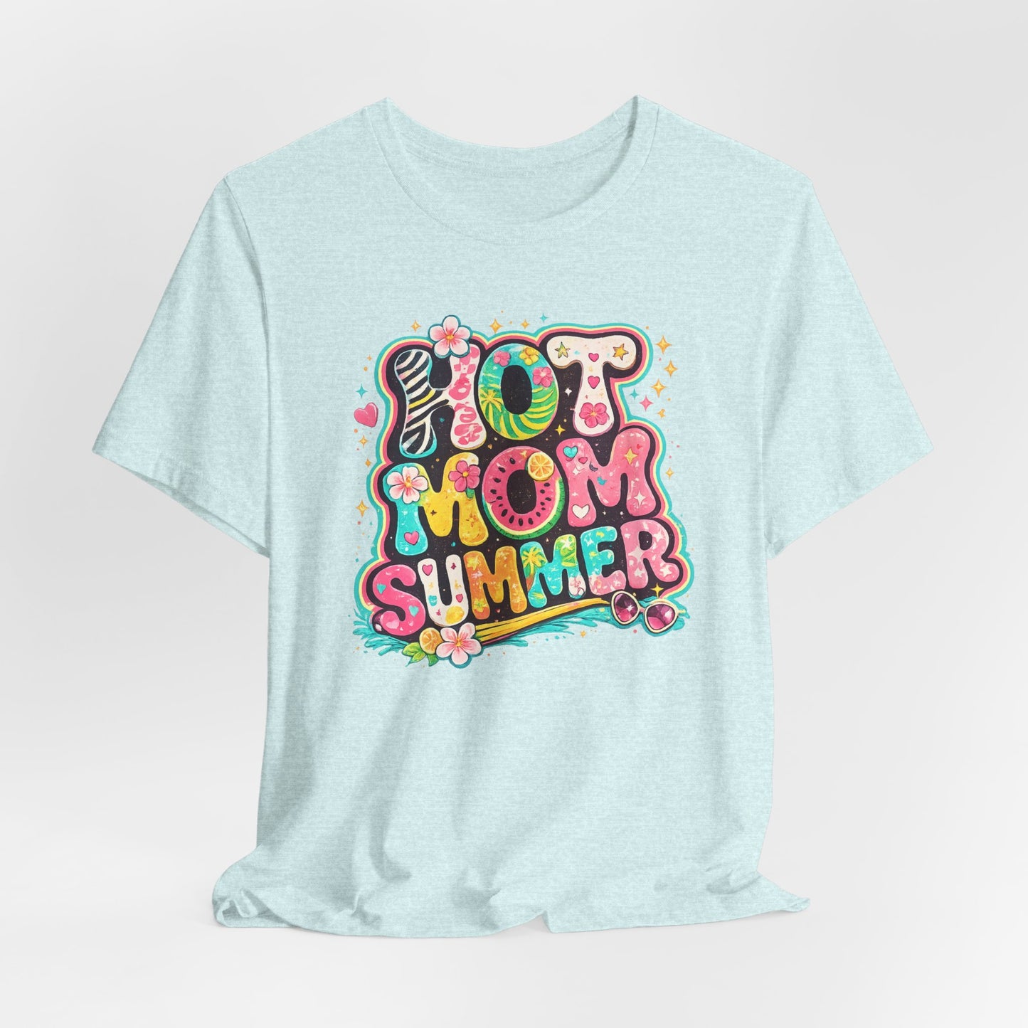 Hot Mom Summer Retro Graphic Tee | Trendy Y2K Summer Shirt | Colorful Beach Vacation T-Shirt | Cute Boutique Mama Tee