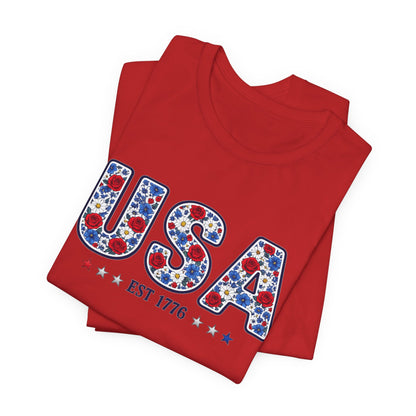 USA Floral Patriotic T-Shirt – EST 1776 Fourth of July Tee